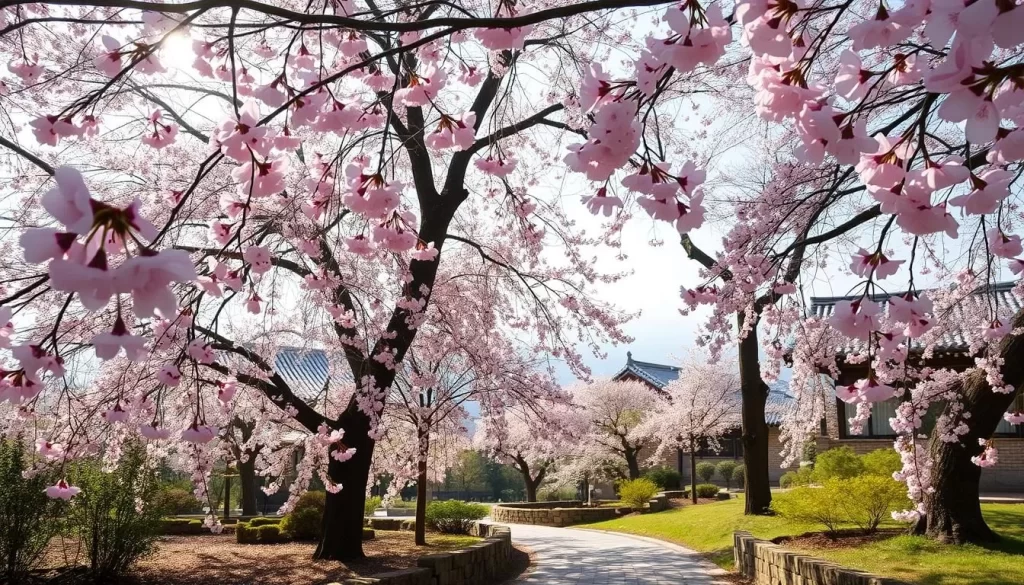 A lush spring day in South Jeolla, South Korea. Delicate pink cherry blossoms in full bloom cascade gently from the branches of towering trees, the soft petals drifting on a light breeze. The dappled sunlight filters through the flowering canopy, casting a warm, serene glow over the tranquil scene. In the foreground, a quaint stone pathway winds through the blossoms, inviting the viewer to stroll amidst the natural beauty. The middle ground reveals a glimpse of traditional Korean architecture, hinting at the rich cultural heritage of the region. The background softly fades into a hazy, azure sky, completing the picturesque landscape. An idyllic spring day, perfect for exploring the mild temperatures and stunning floral displays of South Jeolla.