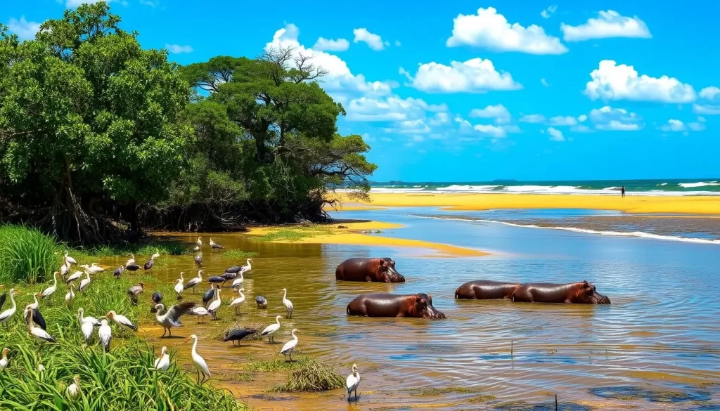 A lush, sun-dappled scene of the St. Lucia Estuary and Beach in South Africa's iSimangaliso Wetland Park. In the foreground, a diverse array of waterbirds - herons, egrets, and ibis - wade and hunt among the reeds and shallow waters. A family of hippos basks in the shallows, their massive bodies half-submerged. In the middle ground, mangrove trees line the estuary's edge, their twisted roots anchoring the shoreline. Beyond, the golden sands of the beach stretch out, lapped by the turquoise waves of the Indian Ocean. Overhead, a clear blue sky is dotted with fluffy white clouds, casting soft shadows across the tranquil scene. The warm, tropical atmosphere is palpable, inviting the viewer to immerse themselves in the vibrant natural wonder of this protected wetland.