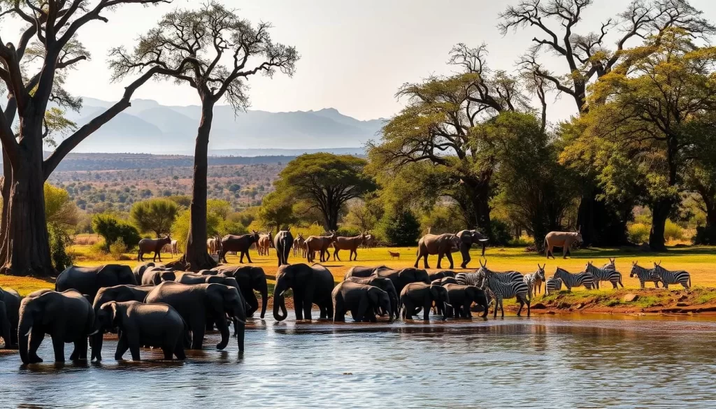 A lush, sun-dappled watering hole in Addo Elephant National Park, South Africa. In the foreground, a herd of elephants gathers around the life-giving waters, their massive forms in shades of gray and brown. Towering baobab trees line the banks, casting gentle shadows across the scene. In the middle ground, a group of antelope and zebra quench their thirst, their coats glistening in the warm light. The background is a panoramic vista of rolling hills and distant mountains, creating a serene and picturesque setting for this wildlife oasis. The entire composition is bathed in the soft, golden glow of a perfect African afternoon, inviting the viewer to immerse themselves in the tranquil beauty of this essential Addo ecosystem.