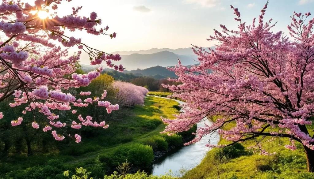 A lush, tranquil spring landscape in North Chungcheong Province, South Korea. The foreground features a vibrant display of cherry blossom trees in full bloom, their delicate pink petals swaying gently in a light breeze. The middle ground showcases a serene, winding stream reflecting the sky and blossoms, its banks lined with verdant foliage. In the distance, rolling hills and mountains create a picturesque backdrop, bathed in soft, golden sunlight. The overall scene exudes a sense of peaceful harmony, perfectly capturing the essence of springtime in this beautiful region.