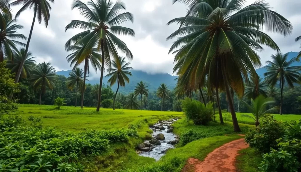 A lush, tropical Andaman monsoon landscape, with towering palm trees swaying in the gentle breeze. The scene is bathed in a soft, diffused light filtering through the overcast sky, creating a serene and tranquil atmosphere. In the foreground, a winding path meanders through a field of vibrant green foliage, inviting the viewer to explore. In the middle ground, a small stream glistens as it flows over mossy rocks, its soothing sounds adding to the calming ambiance. In the distance, misty blue mountains rise majestically, their peaks partially obscured by the rolling clouds. The overall impression is one of a verdant, untamed paradise, where the power of nature is balanced by a sense of tranquility.