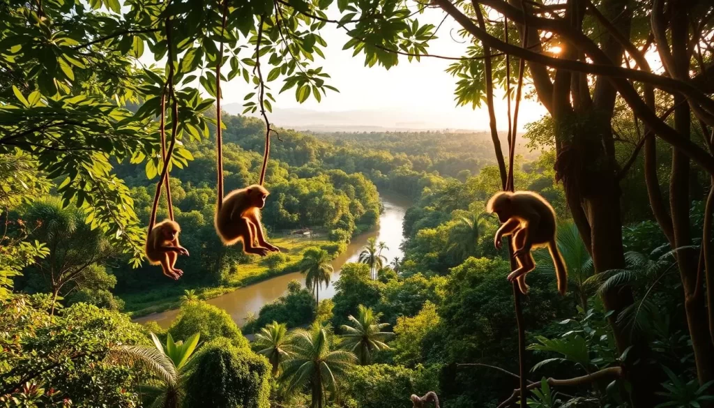 A lush, tropical forest in Sandakan, Malaysia, bathed in warm, golden sunlight filtering through the verdant canopy. In the foreground, a family of playful proboscis monkeys swing gracefully from the branches, their distinctive long noses and curious expressions capturing the essence of Borneo's unique wildlife. In the middle ground, a winding river flows peacefully, its banks dotted with towering, ancient trees and vibrant foliage. In the distance, the silhouettes of distant mountains rise up, shrouded in a soft, hazy mist. The scene exudes a sense of tranquility and natural wonder, inviting the viewer to immerse themselves in the rich biodiversity of Sandakan.