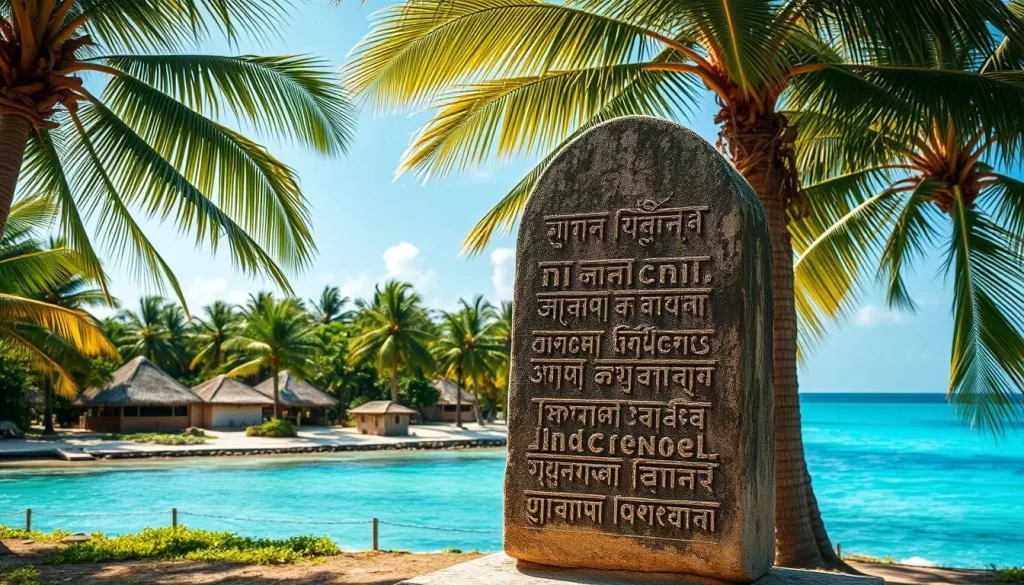 A lush tropical island landscape, with palm trees swaying in the gentle breeze. In the foreground, a weathered stone monument stands, its surface etched with ancient scripts and symbols, representing the diverse linguistic heritage of Lakshadweep. The middle ground features traditional thatched-roof houses, hinting at the local culture and the evolution of language over time. In the background, the azure waters of the Indian Ocean stretch out, reflecting the island's geographical isolation and its unique linguistic journey. Warm, golden sunlight floods the scene, casting a serene and contemplative mood. Captured with a wide-angle lens to convey a sense of scale and the interplay between the various elements.