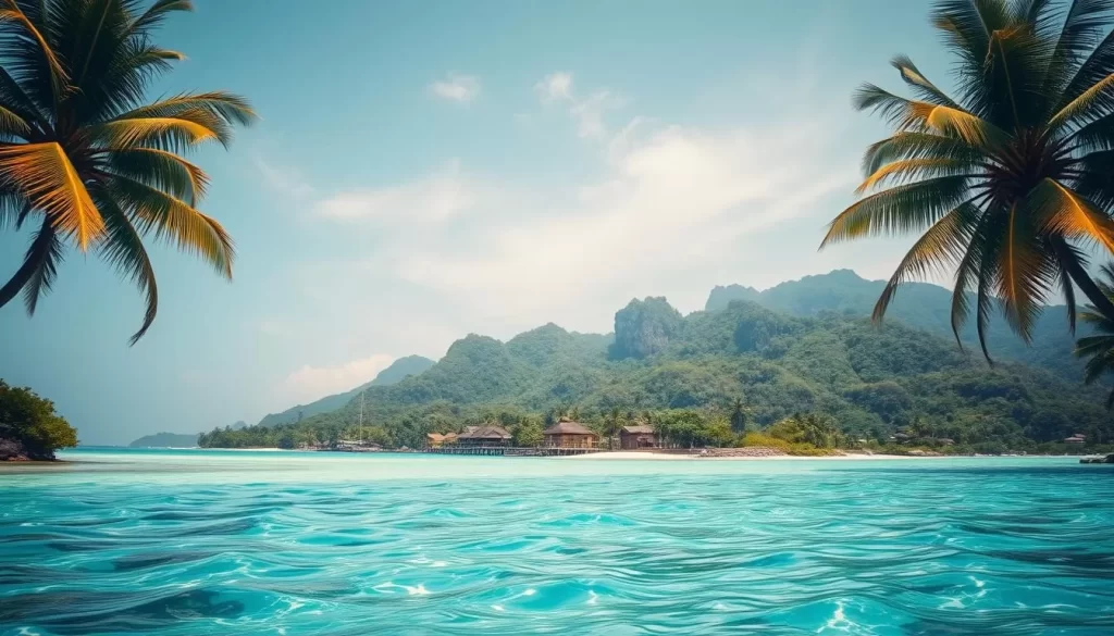 A lush tropical island paradise, Mabul Island emerges from the azure waters of the Celebes Sea. Towering palm trees sway gently in the warm breeze, casting dappled shadows on the pristine white-sand beaches below. In the foreground, crystal-clear shallows teem with vibrant marine life, while the middle-ground reveals a cluster of traditional wooden stilted houses nestled between verdant hills. The background showcases a dramatic mountainous landscape shrouded in a hazy, golden-hour glow. Capture the essence of this idyllic, secluded destination with a cinematic, wide-angle composition that evokes a sense of tranquility and wonder.