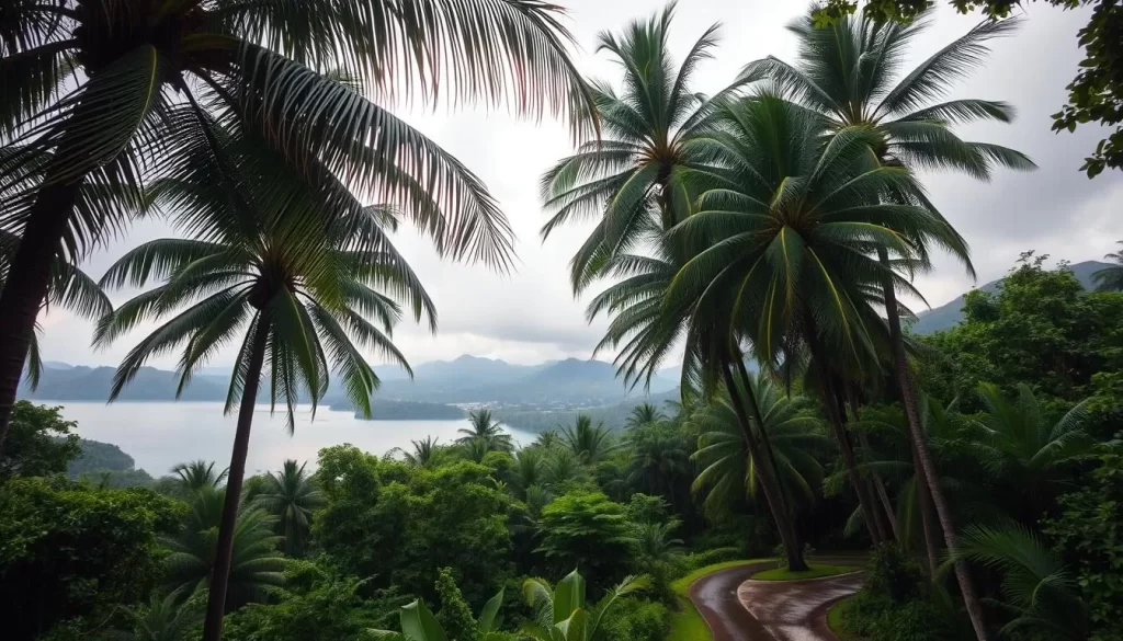 A lush tropical landscape bathed in the soft glow of an overcast sky, rain gently falling over the verdant foliage of Guam during the peak of the rainy season. Towering palm trees sway in the light breeze, their fronds rustling as droplets patter against their leaves. In the foreground, a winding path meanders through the dense foliage, inviting the viewer to explore the island's verdant beauty. The middle ground features a glimpse of a tranquil lagoon, its surface rippling with the rhythm of the rainfall. In the distance, rolling hills and misty mountains frame the scene, creating a sense of lush, tropical seclusion. The overall mood is one of serene, natural wonder, capturing the essence of Guam's weather during its most vibrant and lush time of year.