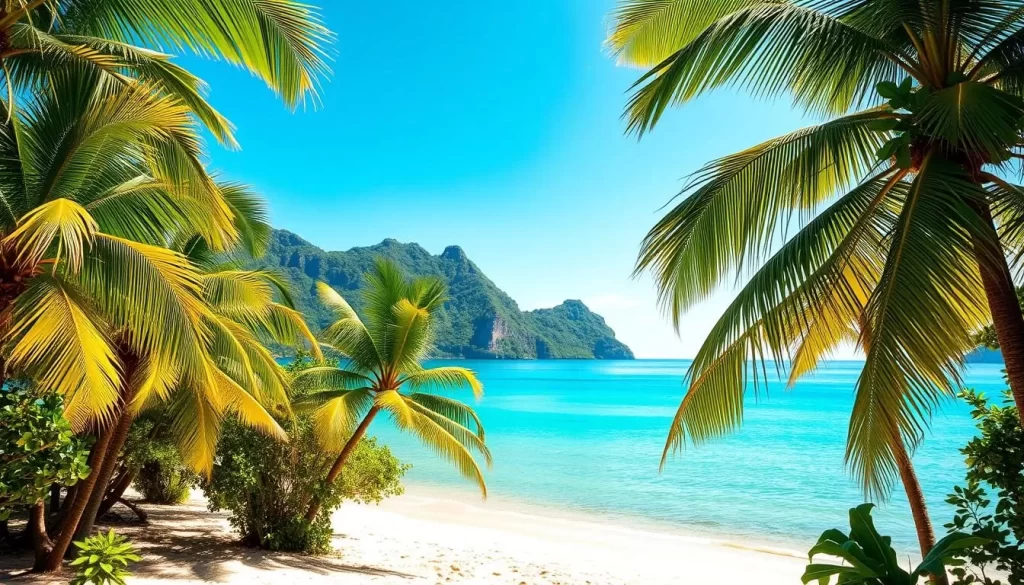 A lush tropical landscape bathed in warm, golden sunlight. In the foreground, a vibrant array of palm trees sway gently in the coastal breeze, their fronds casting playful shadows on the sandy beach below. In the middle ground, a crystalline turquoise ocean gently laps at the shoreline, its waters reflecting the clear azure sky above. In the background, jagged green hills rise up, cloaked in a verdant canopy of dense foliage. The atmosphere is serene and tranquil, evoking a sense of peaceful seclusion and the timeless rhythms of nature. Capture this idyllic Andaman tropical climate in striking photorealistic detail, using a wide-angle lens to showcase the breadth of this verdant, sun-dappled paradise.