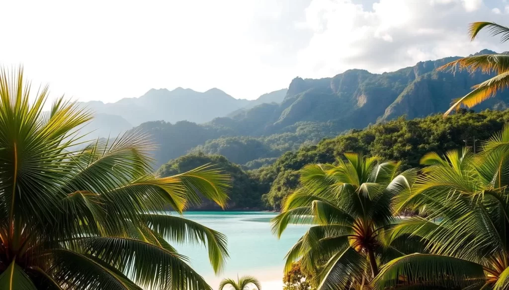 A lush tropical landscape of Koh Chang Island, Thailand, bathed in warm, golden sunlight. In the foreground, emerald-green palm trees sway gently in the breeze, their fronds casting soft shadows on the pristine white-sand beach below. The middle ground reveals a tranquil turquoise bay, its calm waters reflecting the surrounding hills and forests. In the distance, rugged, jungle-covered mountains rise majestically, their peaks shrouded in wispy clouds. The scene conveys a sense of serene, idyllic paradise, perfect for exploring and discovering the natural wonders of this stunning Thai island destination.