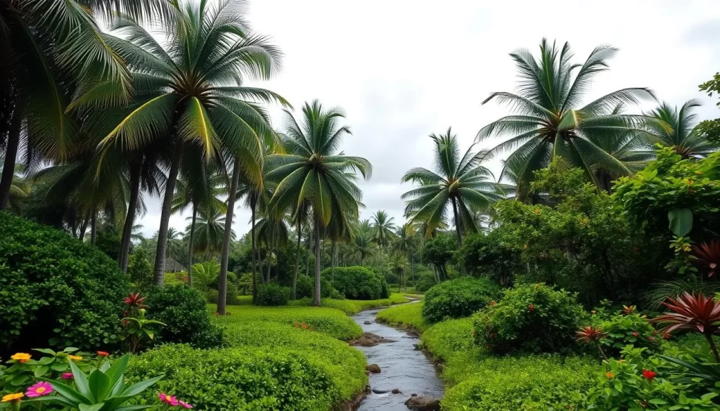 A lush, tropical landscape on Christmas Island during the wet season. Towering palm trees sway in the gentle breeze, their fronds glistening with recent rainfall. In the foreground, a winding stream cuts through the verdant undergrowth, its waters reflecting the cloudy, overcast sky above. Vibrant, colorful flowers dot the scene, adding pops of life to the otherwise muted palette. The atmosphere is one of tranquility and serene contemplation, with the soft patter of raindrops providing a soothing backdrop. Utilize a wide-angle lens to capture the expansive, verdant panorama, with soft, diffused natural lighting illuminating the lush, tropical paradise.