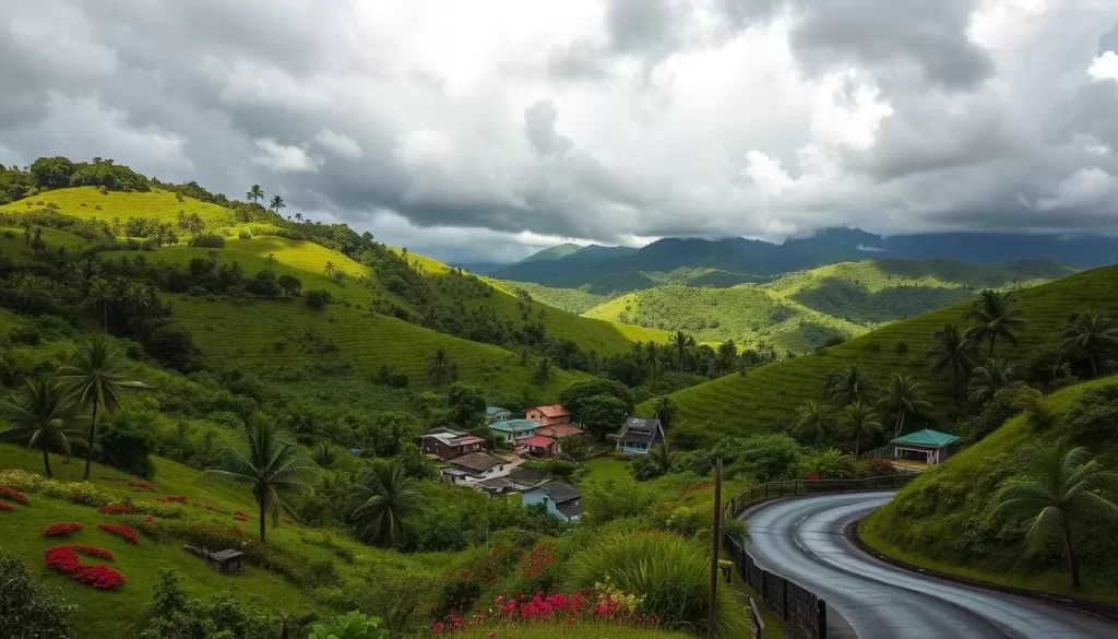 A lush tropical landscape on the island of Guam during the rainy season. Rolling green hills dotted with vibrant flowers and palm trees sway in the warm, humid breeze. Dramatic storm clouds gather overhead, casting dramatic shadows on the terrain below. In the foreground, a winding road leads towards a charming village, its colorful homes and buildings peeking through the mist. The scene is illuminated by soft, diffused lighting, creating a serene and atmospheric mood. Capture the essence of Guam's weather-embracing beauty during this time of year.