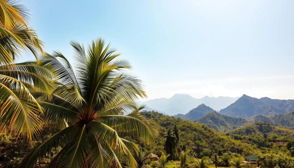 A lush tropical landscape under a bright, clear sky. In the foreground, verdant palm trees sway gently in the warm breeze. The middle ground features rolling hills dotted with vibrant greenery, while in the distance, towering mountains rise up, their peaks touched by wispy clouds. The lighting is soft and natural, casting a warm glow over the scene. Capture the tranquility and beauty of Sri Lanka's unique climate, where the sun shines and the land is alive with verdant splendor.