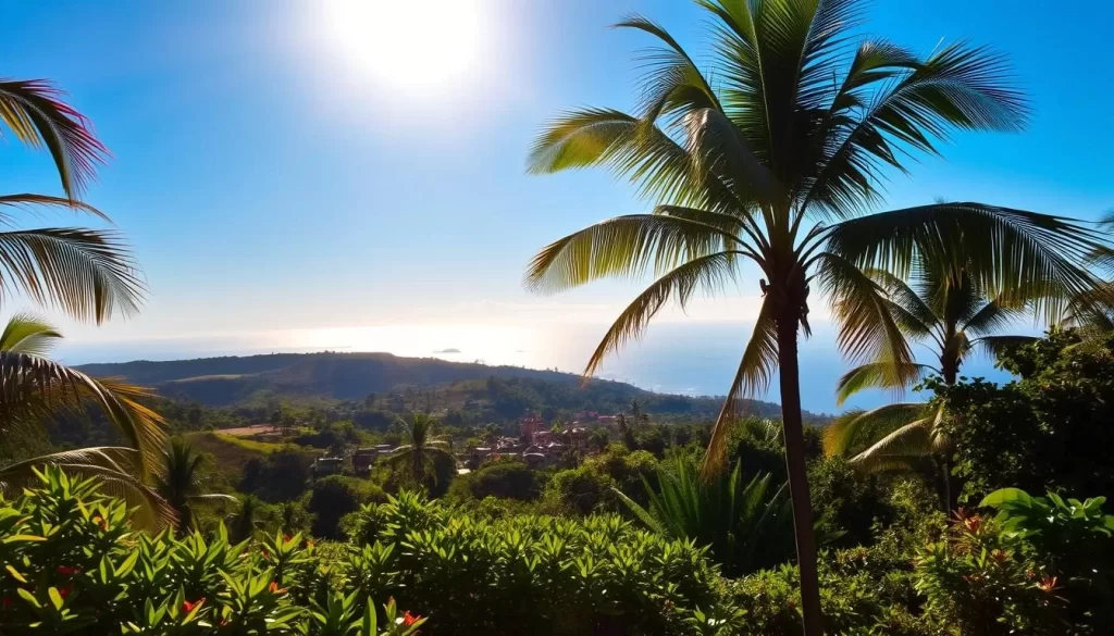 A lush tropical landscape under a golden afternoon sun, with swaying palm trees and vibrant foliage in the foreground. In the middle ground, a picturesque village nestled among rolling hills, its traditional Balinese architecture bathed in warm light. The background reveals a distant ocean horizon, dotted with small islands and a clear, azure sky. The scene conveys a sense of tranquility and natural harmony, capturing the essence of Bali's diverse regional weather patterns.