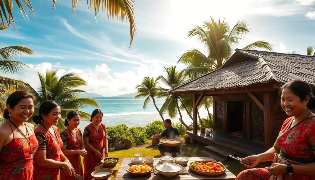 A lush tropical oasis on the Cocos Keeling Islands, where Malay culture thrives. In the foreground, a group of women in vibrant sarongs and kebaya blouses gather to prepare traditional dishes, their faces alight with warmth and camaraderie. The middle ground showcases a simple yet elegant wooden dwelling, its ornate carvings and thatched roof reflecting the region's architectural heritage. In the background, swaying coconut palms and a turquoise lagoon set the scene, bathed in soft, golden sunlight that filters through wispy clouds. An atmosphere of tranquility and cultural richness permeates the image, inviting the viewer to immerse themselves in the enchanting Cocos Malay way of life.
