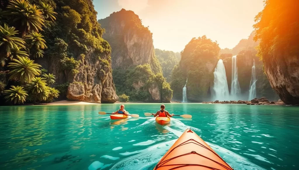 A lush tropical paradise, Koh Chang Island in Thailand boasts an array of captivating activities. Capture the tranquil scene of kayakers gliding through the serene emerald waters, framed by towering limestone cliffs and verdant jungle foliage. In the foreground, sun-dappled beaches invite visitors to relax and unwind, while in the distance, cascading waterfalls tumble over rugged terrain. The warm, golden light bathes the landscape, creating a magical, almost dreamlike atmosphere. Showcase the island's natural beauty and diverse array of outdoor pursuits, inviting the viewer to explore this tropical paradise.