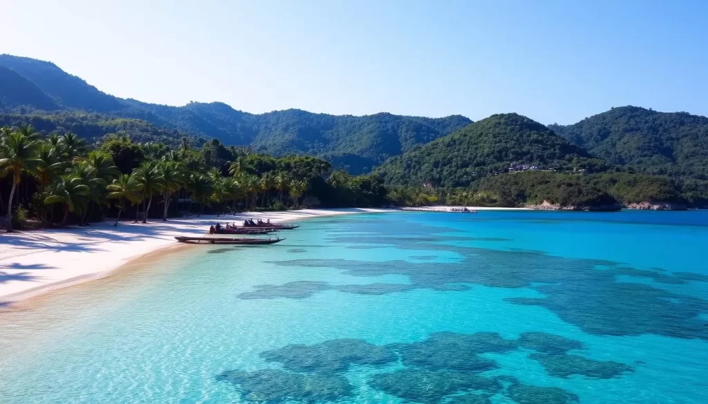 A lush tropical paradise, Lang Tengah Island emerges from the azure waters of the South China Sea. The pristine white sand beaches are fringed with swaying palm trees, bathed in the warm glow of the sun. In the distance, verdant jungle-covered hills rise up, casting soft shadows over the tranquil coves and inlets. Vibrant coral reefs teeming with marine life lie just beneath the surface, beckoning snorkelers and divers to explore their underwater wonders. A sense of serenity and adventure permeates the air, inviting visitors to immerse themselves in the natural beauty and rich biodiversity of this unspoiled island paradise.