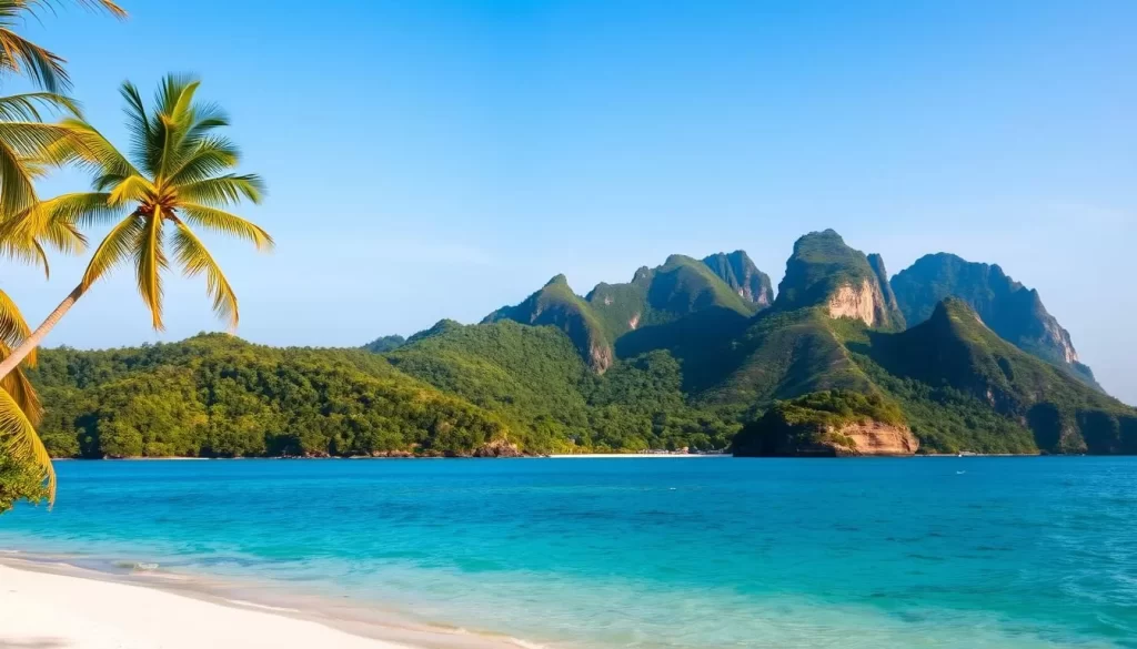 A lush tropical paradise, Redang Island emerges from the azure waters of the South China Sea. In the foreground, a pristine white-sand beach curves gracefully, framed by swaying palm trees casting soft shadows. The middle ground reveals the island's verdant, hilly interior, dotted with dense, verdant foliage. In the distance, the horizon is punctuated by the striking silhouettes of rugged, sun-drenched cliffs, their jagged peaks reaching towards a cloudless, cerulean sky. Warm, golden sunlight bathes the entire scene, creating a sense of tranquility and natural splendor. Through this breathtaking landscape, the viewer is invited to discover the captivating beauty and allure of Redang Island, a true tropical paradise.