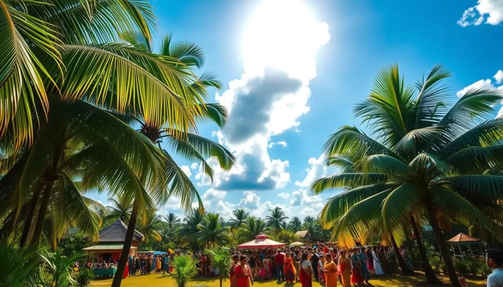 A lush tropical paradise, Sri Lanka in April-May. Vibrant green palms sway gently in the warm breeze, their fronds dappling the sun-dappled ground. In the distance, the cerulean sky is dotted with fluffy white clouds. Colorful crowds gather to celebrate the New Year, their traditional costumes and festive decorations adding bursts of energy to the scene. Sunlight bathes the landscape in a soft, golden glow, creating an atmosphere of celebration and renewal. A telephoto lens captures the essence of this transitional season, showcasing Sri Lanka's natural beauty and cultural vibrancy.