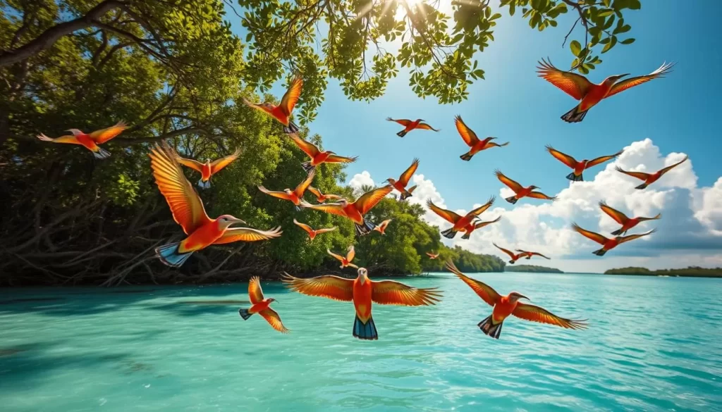 A lush tropical paradise, Tun Sakaran Marine Park teems with vibrant avian life. Capture a flock of brilliantly colored birds soaring gracefully over the pristine turquoise waters, their wings outstretched against a backdrop of verdant mangroves and azure skies. Sunlight filters softly through the verdant canopy, casting a warm, golden glow that highlights the intricate details of the birds' plumage. Compose the scene with a wide-angle lens to showcase the park's stunning natural beauty, inviting the viewer to immerse themselves in this birdwatcher's haven. Evoke a sense of tranquility and wonder, reflecting the park's role as a vibrant refuge for diverse wildlife.