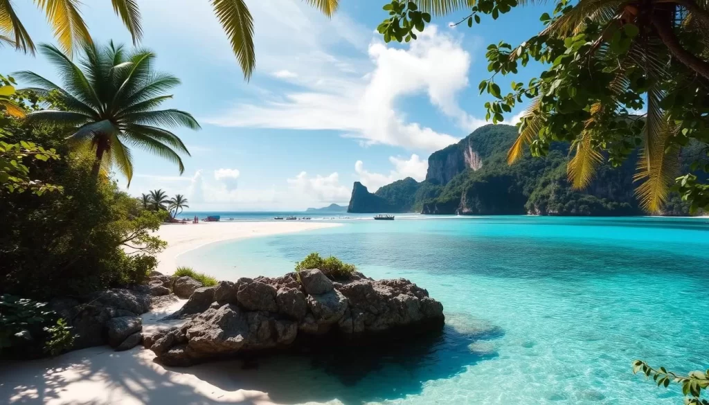 A lush, tropical paradise emerges from the azure waters of the South China Sea, Tioman Island's verdant hills and pristine beaches beckoning exploration. Sunlight filters through swaying palms, casting dappled shadows on the powdery white sand. In the foreground, a secluded cove invites visitors to dip into the crystal-clear, turquoise depths, while in the distance, rugged cliffs rise majestically, their peaks shrouded in wispy clouds. The scene exudes a sense of tranquility and natural wonder, capturing the essence of "Discovering the Paradise of Tioman Island."