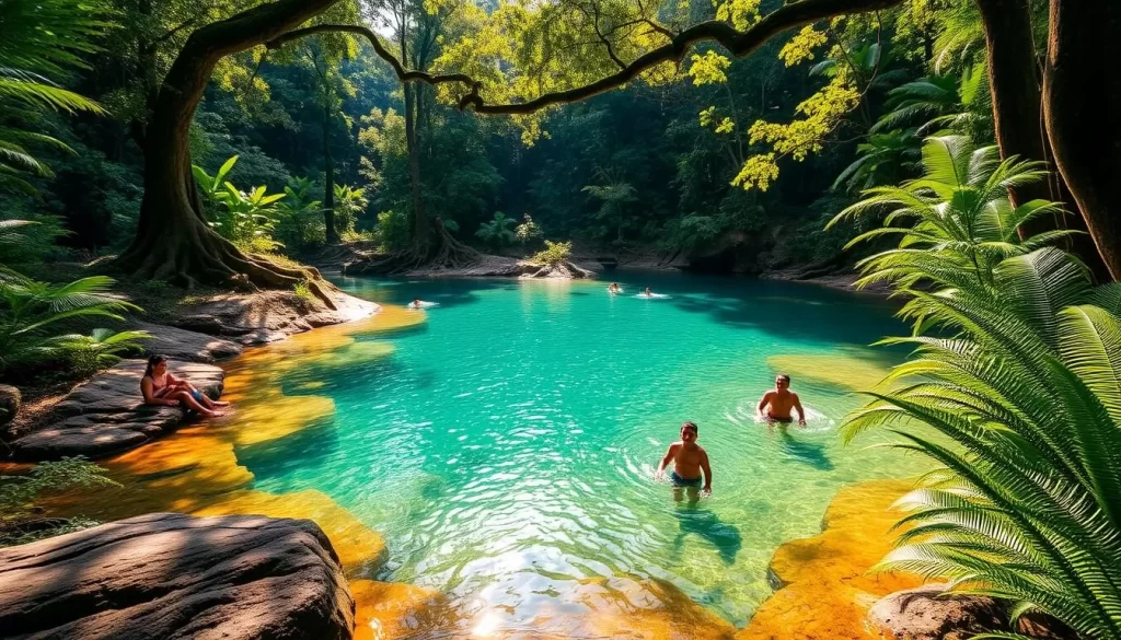A lush tropical paradise nestled within the ancient Taman Negara rainforest, the Lubuk Simpon swimming spot invites visitors to immerse themselves in its crystal-clear waters. Capture the sun-dappled surface, reflecting the verdant foliage that surrounds the tranquil pool. Depict bathers leisurely swimming or relaxing on the sun-warmed rocky banks, while towering trees and verdant ferns frame the serene scene. Showcase the natural beauty of this idyllic oasis, bathed in warm, golden light that filters through the canopy above. Convey a sense of peaceful contemplation and rejuvenation amidst the lush, untamed splendor of the Malaysian jungle.