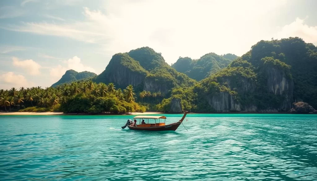 A lush, tropical paradise of emerald islands nestled in the azure waters of the Tunku Abdul Rahman National Park. Swaying palm trees, white sand beaches, and crystal-clear lagoons create a serene, sun-dappled scene. In the middle ground, a traditional wooden boat gently glides across the calm surface, capturing the essence of the park's tranquil marine environment. The background features dramatic, jungle-clad cliffs rising up from the sea, casting gentle shadows that add depth and dimension to the landscape. Warm, golden sunlight filters through wispy clouds, casting a soft, natural glow over the entire scene. The overall mood is one of peaceful, tropical beauty, inviting the viewer to explore this stunning natural wonder.