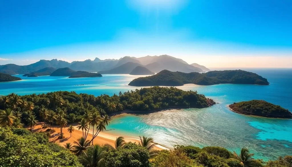 A lush, tropical paradise of verdant islands, azure waters, and pristine beaches - the Andaman Nicobar Islands. In the foreground, a sun-dappled shoreline with fine, golden sand and swaying palm trees. In the middle ground, sparkling turquoise lagoons and vibrant coral reefs teeming with marine life. In the background, rugged, forested hills rising up from the sea, shrouded in a hazy, atmospheric glow. The sky is a brilliant, cloudless blue, with warm, diffused sunlight casting a golden hue over the entire scene. The overall mood is one of tranquility, serenity, and the untamed beauty of nature.