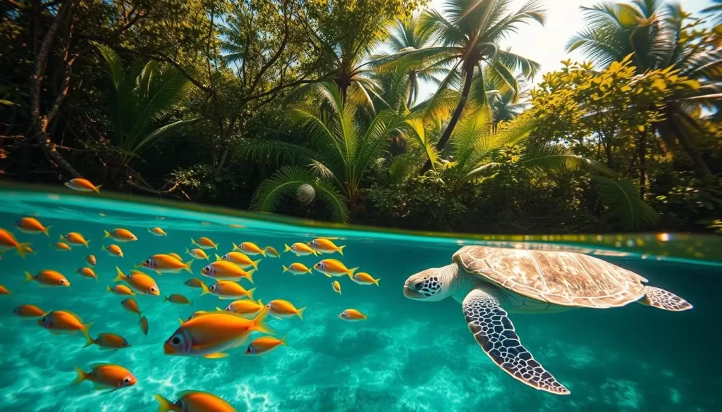A lush, tropical paradise on Lankayan Island, Malaysia, teeming with vibrant wildlife. In the foreground, a colorful school of tropical fish darts through the crystal-clear waters, their scales shimmering in the warm, dappled sunlight. In the middle ground, a majestic sea turtle gracefully glides by, its shell a mosaic of patterns. The background is a tapestry of verdant mangroves and swaying palm trees, creating a serene and inviting atmosphere. Capture the essence of this underwater wonderland with a cinematic, wide-angle lens, showcasing the stunning natural beauty and diverse marine life that make Lankayan Island a true paradise for wildlife enthusiasts.