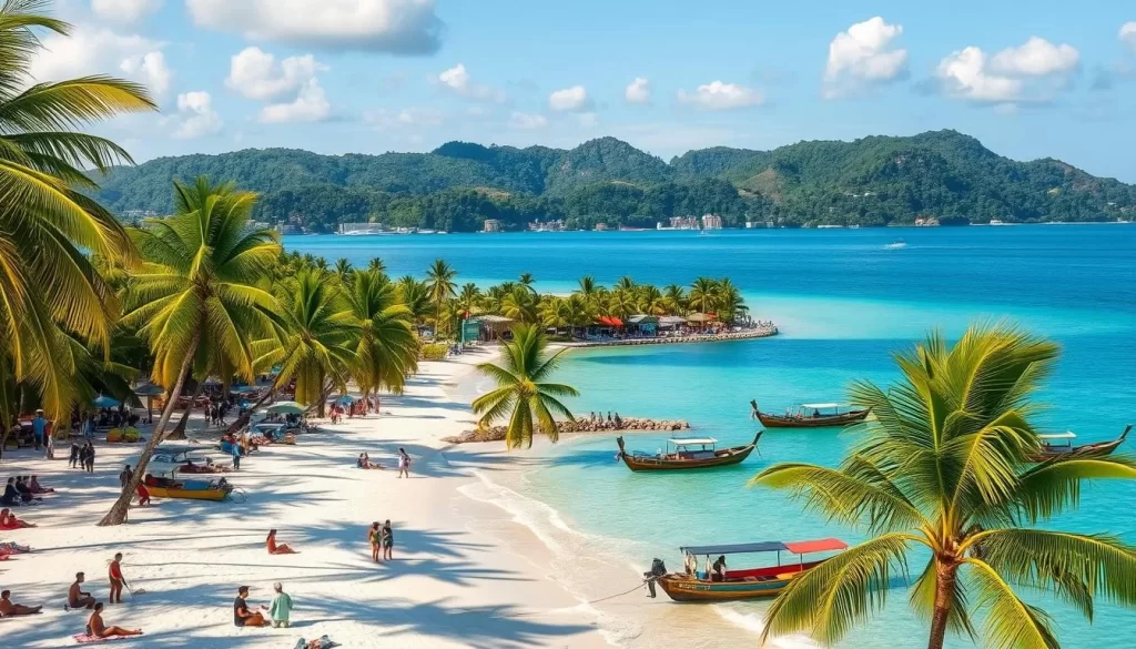 A lush tropical paradise on the Andaman Sea, Phuket's white sand beaches and azure waters shimmer under the warm golden sun. Swaying palm trees line the shore, casting gentle shadows across the scene. In the foreground, beachgoers soak up the sun, building sandcastles and wading in the crystalline surf. Further out, traditional longtail boats bob gently on the calm waves, ready to ferry visitors to nearby islands. The middle ground reveals a bustling seaside promenade, dotted with colorful shops, cafes, and local vendors. In the distance, the hilly, jungle-clad interior of the island rises up, creating a lush, verdant backdrop to this tropical paradise.