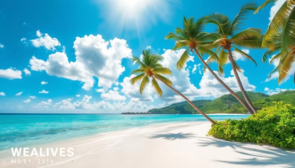 A lush tropical paradise, the Maldives archipelago showcases its diverse weather patterns across each month. In the foreground, crystal-clear turquoise waters lap against pristine white-sand beaches, fringed by swaying coconut palms. The middle ground reveals a vibrant azure sky, dotted with fluffy cumulus clouds. Sunlight filters through, casting a warm, golden glow over the idyllic scene. In the background, verdant, rolling hills covered in lush vegetation provide a verdant backdrop. Convey the tranquil, serene atmosphere of the Maldives, highlighting the alluring weather that beckons visitors throughout the year.