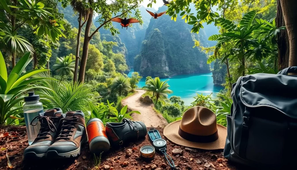 A lush tropical rainforest scene of Khao Sok National Park, Thailand. In the foreground, a collection of essential hiking and camping gear lays neatly arranged - sturdy hiking boots, a water bottle, a hiking backpack, a compass, and a sun hat. The middle ground reveals a winding jungle trail leading towards a tranquil, turquoise lake surrounded by towering limestone cliffs. Dappled sunlight filters through the canopy of verdant foliage, casting a warm, inviting glow over the scene. The background showcases the diverse flora and fauna of the park, with exotic birds and butterflies fluttering amidst the lush vegetation. An atmosphere of adventure and exploration permeates the image, inspiring the viewer to plan their own journey to this natural wonder.