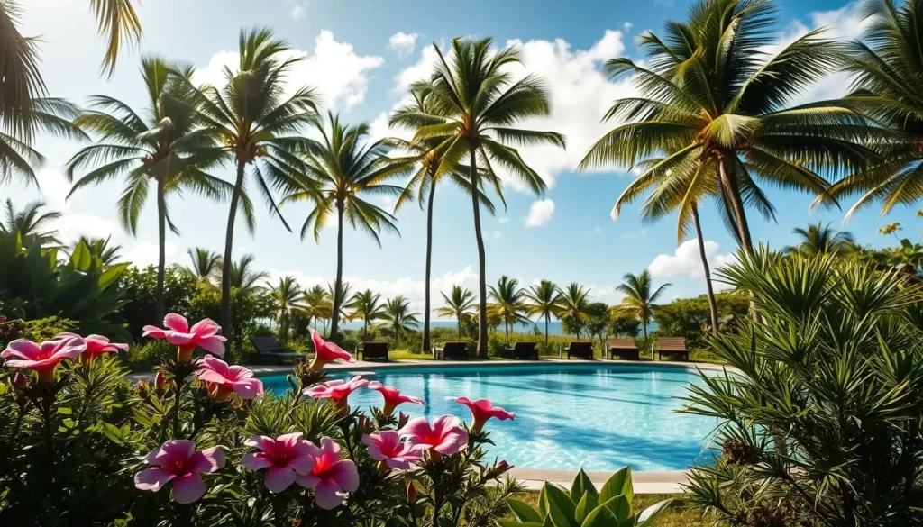A lush, tropical setting on the island of Nauru, capturing the essence of its high humidity levels. In the foreground, a sun-dappled garden with vibrant foliage and blooming flowers, their petals gently swaying in the warm, humid breeze. The middle ground features a serene, shimmering pool, its surface reflecting the cloudless sky above. Surrounding the scene, a backdrop of towering palm trees sway gracefully, their fronds rustling in the moist air. The lighting is soft and natural, casting a warm, golden glow over the entire composition. The overall atmosphere is one of tranquility and comfort, inviting the viewer to imagine the pleasant, humid conditions that define Nauru's climate.