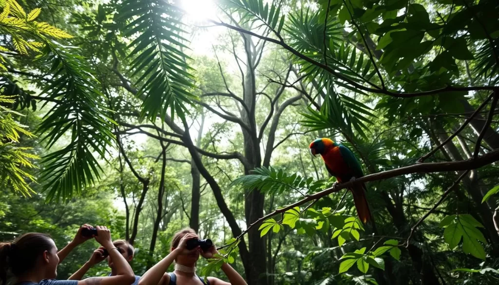 A lush, verdant canopy of Taman Negara's ancient rainforest, sunlight filtering through the leaves. In the foreground, a vibrant, colorful bird perches on a branch, its intricate plumage shimmering. Birdwatchers stand nearby, binoculars raised, awestruck by the magnificent creature. The air is filled with the sounds of chirping and rustling foliage, creating a serene, immersive atmosphere. Capture the wonder of wildlife encounters in this primeval Malaysian wilderness, a timeless moment of natural beauty.