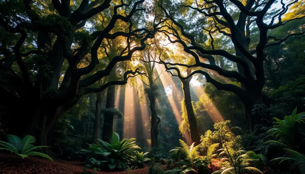A lush, verdant canopy of towering, ancient trees dominates the frame, their gnarled trunks and sprawling branches casting dappled shadows upon the rich, loamy forest floor below. Ferns, vines, and vibrant undergrowth fill the middle ground, hinting at the untamed, primeval nature of this primal landscape. Shafts of warm, golden light pierce through the dense foliage, illuminating the scene with a serene, enchanting glow. The overall atmosphere conveys a sense of timeless, unspoiled beauty, inviting the viewer to immerse themselves in the serene grandeur of Danum Valley's pristine rainforest.
