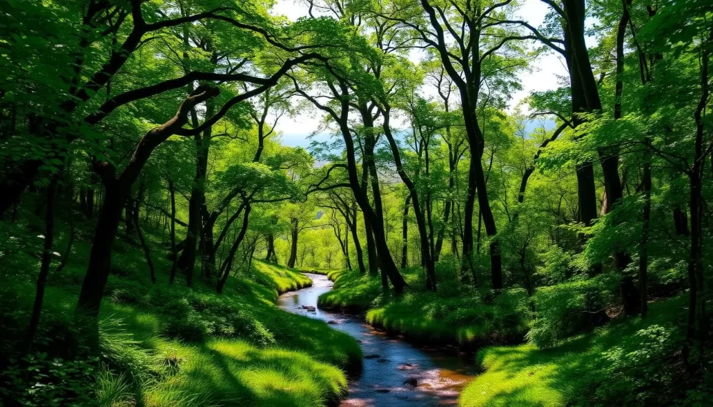 A lush, verdant canopy of towering trees casts dappled sunlight onto the winding paths of the Knysna Forest. In the foreground, a serene stream meanders through the undergrowth, its tranquil waters reflecting the vibrant greens and browns of the surrounding foliage. Further back, the middle ground reveals a glimpse of a meandering hiking trail, inviting exploration. In the distance, the background is filled with the hazy silhouettes of distant hills, creating a sense of depth and mystery. The overall scene exudes a peaceful, inviting atmosphere, encouraging the viewer to immerse themselves in the beauty and adventure of this lush, natural wonder.