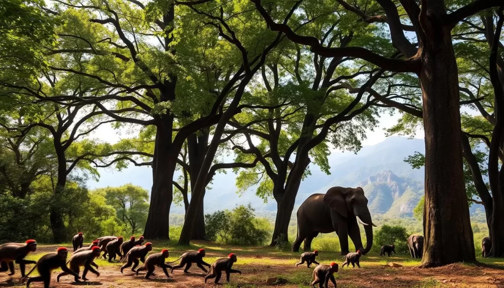 A lush, verdant canopy of towering trees in the Udzungwa Mountains, sunlight filtering through the foliage. In the foreground, a troop of Udzungwa red colobus monkeys scamper across the forest floor, their vibrant red and black fur standing out against the rich, earthy tones. In the middle ground, a majestic African elephant pauses to graze, its massive frame dwarfed by the ancient, moss-covered trunks surrounding it. The background reveals a glimpse of the rolling hills and rugged peaks of the Udzungwa range, shrouded in a soft, hazy light. The scene conveys a sense of tranquility and the untamed majesty of this East African wilderness.