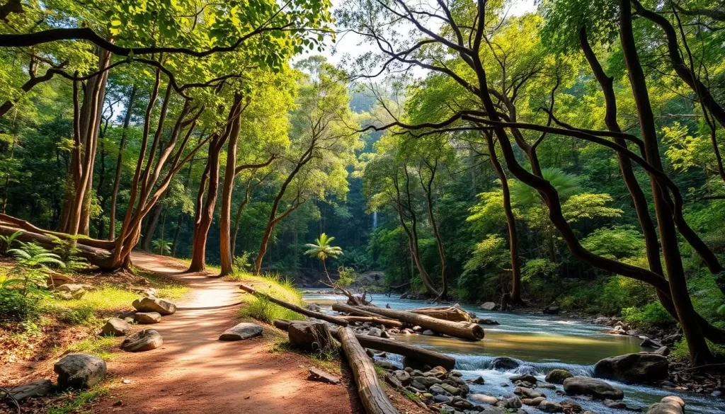A lush, verdant canopy of towering trees stretches into the distance, sunlight filtering through the leaves and casting a warm, golden glow over the scene. In the foreground, a winding path leads into the heart of Taman Negara National Park, inviting visitors to explore the ancient rainforest. Boulders and fallen logs line the trail, creating a sense of rugged, natural beauty. A crystal-clear river flows nearby, its gentle currents reflecting the surrounding landscape. The air is filled with the calls of exotic birds and the distant sound of a cascading waterfall. This serene, untamed paradise captures the essence of Malaysia's oldest and largest national park, beckoning adventurers to immerse themselves in its timeless wonder.