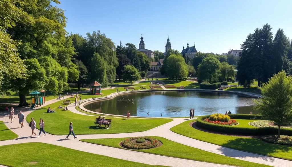A lush, verdant family park in Oświęcim, Poland on a sunny summer day. The foreground features families strolling along well-maintained pathways, children playing on colorful playgrounds, and people lounging on benches under the shade of towering trees. The middle ground showcases a tranquil lake with ducks swimming peacefully, surrounded by neatly manicured gardens and flower beds. In the background, the silhouettes of historic buildings and monuments can be seen, creating a sense of place and cultural heritage. The lighting is soft and natural, casting a warm glow over the entire scene. The overall atmosphere is one of relaxation, community, and appreciation for the outdoors.