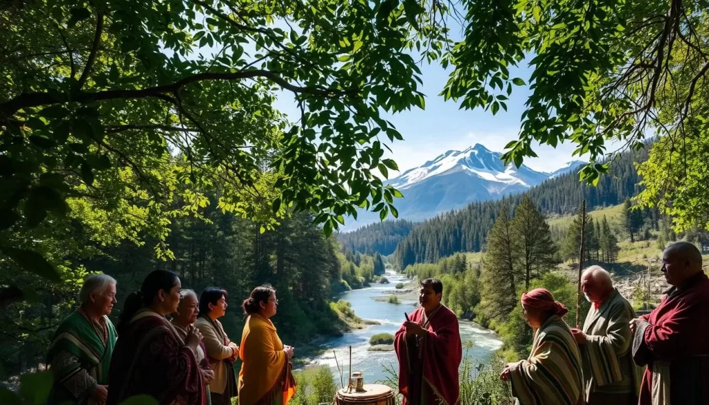 A lush, verdant forest canopy sets the stage, dappled sunlight filtering through the swaying leaves. In the foreground, a group of indigenous people gather, wrapped in vibrant textiles and intricate jewelry, engaged in a lively conversation, their gestures and expressions conveying the rich oral traditions of their culture. In the middle ground, a river winds its way through the landscape, its gentle flow punctuated by the rhythmic beat of a traditional drum. In the distance, majestic mountains rise, their peaks capped with pristine snow, a testament to the timeless beauty of this untamed wilderness. The scene exudes a sense of unity, harmony, and the enduring spirit of the indigenous languages that have shaped the identity of this land.
