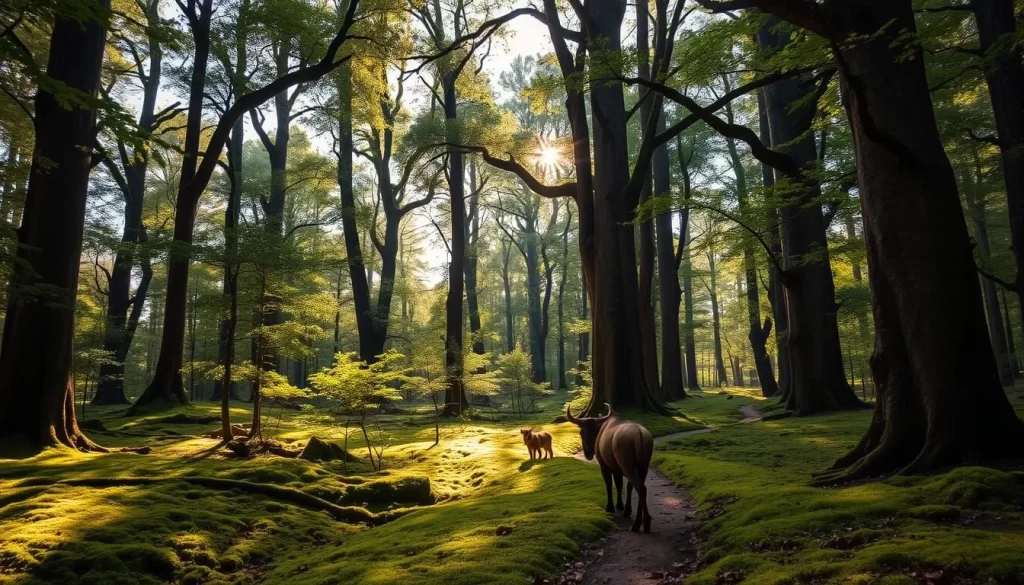 A lush, verdant forest with towering ancient trees, their gnarled trunks reaching skyward. Dappled sunlight filters through the thick canopy, casting a warm glow on the mossy undergrowth below. In the foreground, a winding path leads deeper into the Bialowieza Forest, the last primeval woodland in Europe. Majestic wildlife - perhaps a bison, elk, or wolf - pauses momentarily, surveying the tranquil scene. The overall mood is one of serene, untamed wilderness, transporting the viewer to this UNESCO World Heritage Site, a timeless refuge of natural wonder.