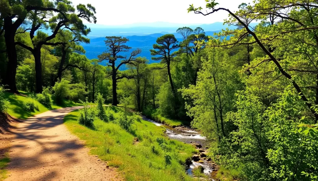 A lush, verdant hiking trail winds through a serene forest in Tuscaloosa, Alabama. Sunlight filters through the canopy of towering oak and pine trees, casting a warm, golden glow on the well-maintained path. In the foreground, a smooth, packed-earth trail invites hikers to explore the natural beauty of the region. The middle ground features a gentle stream that gurgles playfully, its crystal-clear waters reflecting the surrounding foliage. In the distance, rolling hills and hazy blue mountains create a picturesque backdrop, suggesting a scene of tranquility and outdoor adventure. The overall atmosphere is one of peaceful exploration, with a sense of discovery and connection to the great outdoors.