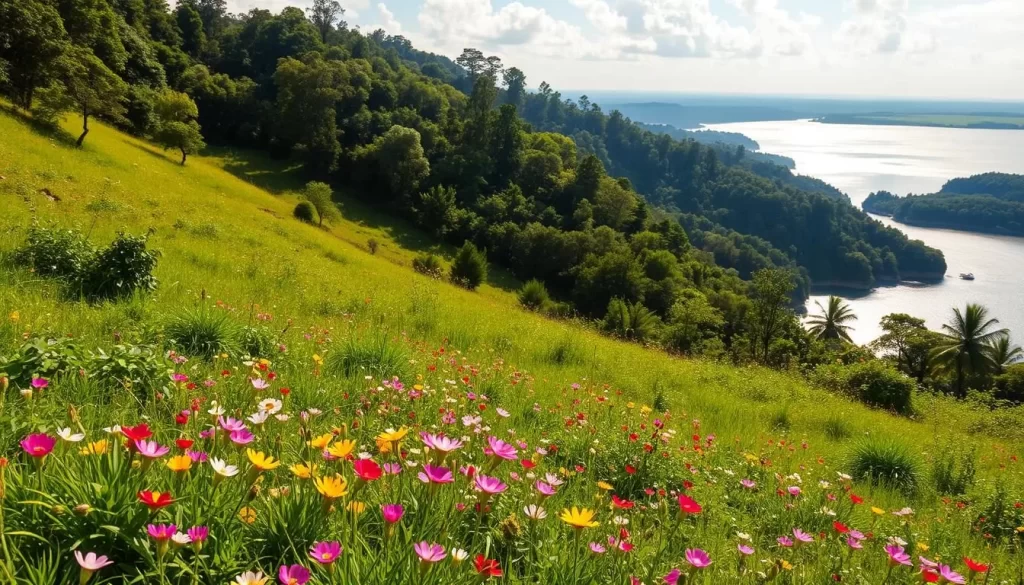 A lush, verdant hillside in Manipur, India, basking in the warm glow of the sun. In the foreground, a vibrant meadow bursts with colorful wildflowers, their petals dancing in the gentle breeze. Farther up, a dense forest canopy casts dappled shadows, hinting at the abundance of wildlife within. In the distance, a shimmering lake reflects the azure sky, its still waters a mirror of the surrounding natural beauty. The scene is infused with a sense of tranquility and a palpable connection to the rhythm of the seasons. Capture this embodiment of Manipur's seasonal charm with a medium-wide lens, utilizing soft, natural lighting to convey the serene atmosphere.