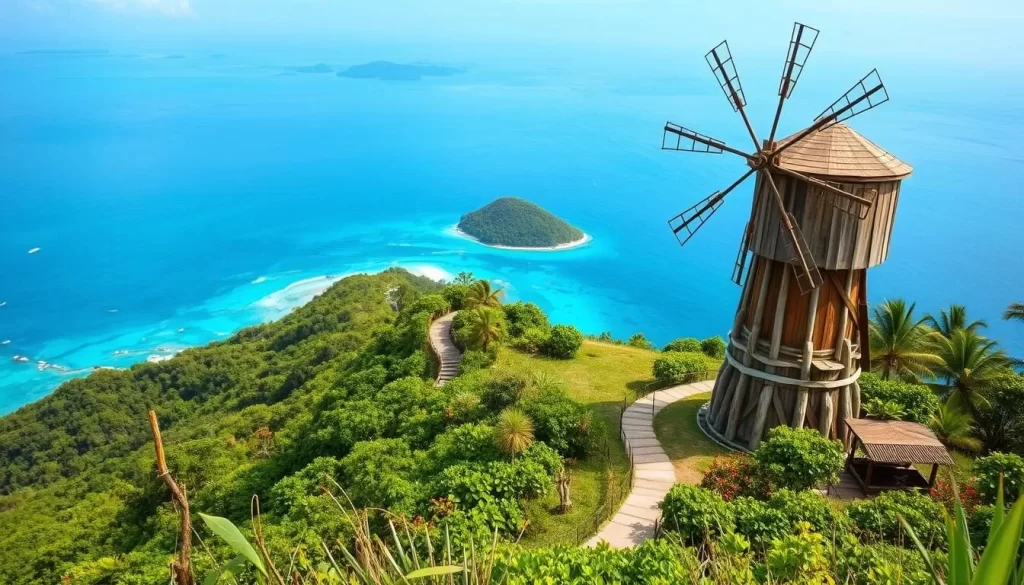 A lush, verdant hillside overlooking the turquoise waters of Perhentian Kecil island, Malaysia. In the foreground, a picturesque wooden windmill stands tall, its blades gently turning in the warm, coastal breeze. The middle ground reveals a winding hiking trail leading up to the viewpoint, flanked by vibrant tropical foliage. The background showcases the expansive, crystalline sea, dotted with small, idyllic islands. The scene is bathed in soft, diffused sunlight, creating a serene and peaceful atmosphere. Capture this stunning natural landscape in a wide, landscape-oriented composition that highlights the breathtaking vistas of this remote Malaysian paradise.