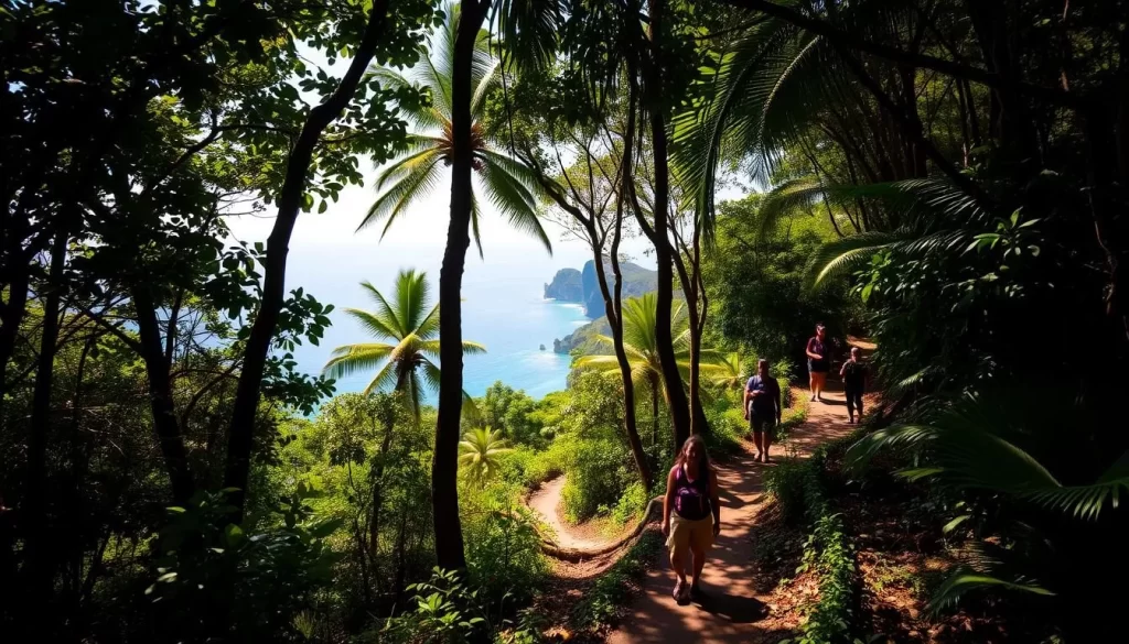 A lush, verdant jungle canopy casts a warm, dappled light over the meandering nature trails of the Perhentian Islands. Vibrant tropical foliage lines the path, with towering palm trees swaying gently in the soft breeze. Hikers traverse the well-maintained trails, taking in the sights and sounds of the diverse ecosystem - from the distant calls of exotic birds to the rustling of leaves underfoot. The trail opens up to reveal breathtaking vistas of turquoise waters and pristine white-sand beaches, framed by dramatic cliffs. A sense of peace and serenity permeates the scene, inviting visitors to immerse themselves in the beauty of this untouched natural wonder.