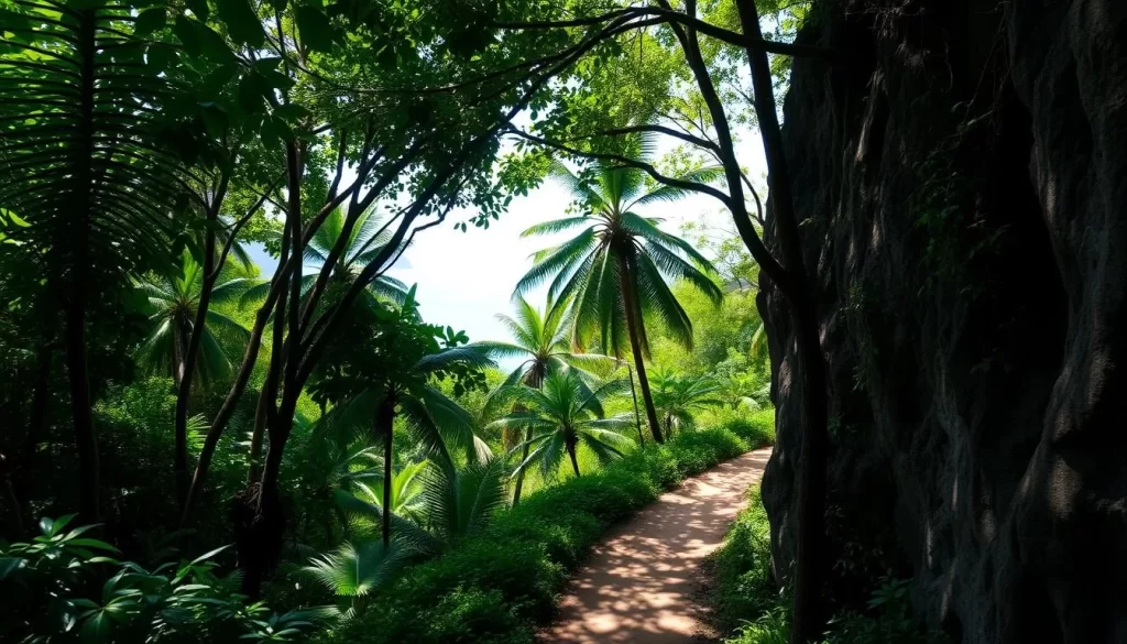 A lush, verdant jungle canopy casts dappled shadows over a winding, well-trodden hiking trail on the island of Koh Tao. Towering palms and vibrant foliage line the path, leading the adventurous trekker through a serene, natural landscape. Soft, diffused sunlight filters through the leaves, illuminating the trail and the distant glimpse of the sparkling turquoise ocean. Rugged, gray cliffs rise up on either side, creating a sense of enclosure and adventure. The trail meanders through this idyllic setting, inviting the hiker to explore the lush, verdant interior of this tropical paradise.