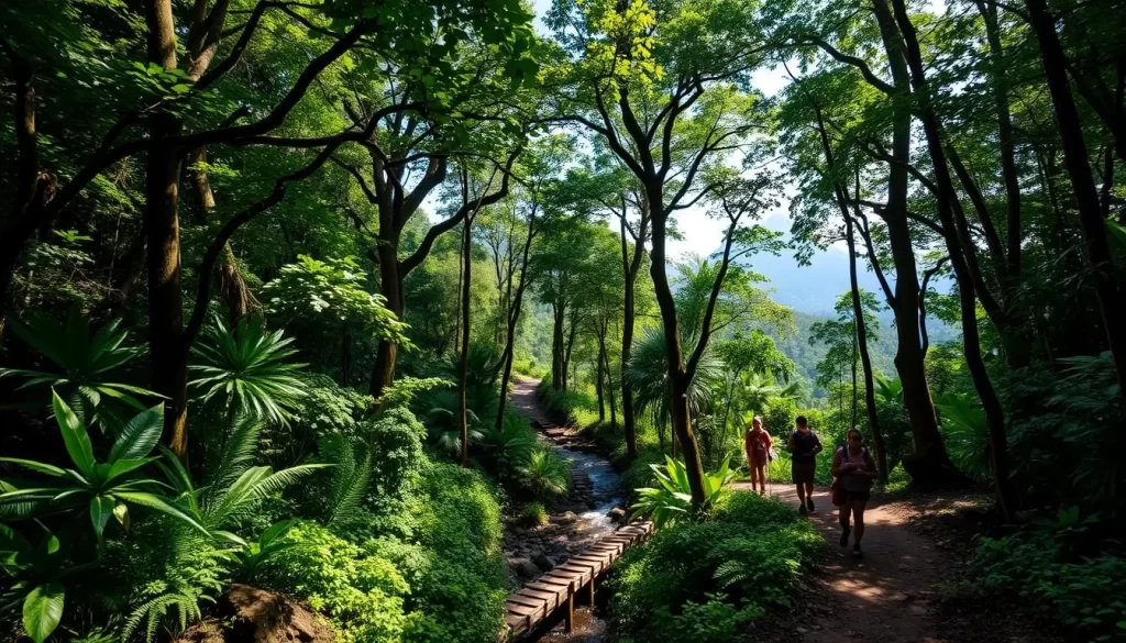 A lush, verdant jungle canopy filters dappled sunlight onto a winding forest trail. Towering trees and vibrant foliage line the path, creating a serene, immersive atmosphere. In the foreground, a group of adventurous trekkers navigate the terrain, their walking sticks and hiking gear suggesting an exciting journey through the untamed wilderness of Danum Valley. The middle ground features a meandering stream crossing the trail, its gentle waters reflecting the natural beauty surrounding it. In the distance, mysterious peaks loom, hinting at the unexplored depths of this captivating Malaysian rainforest.