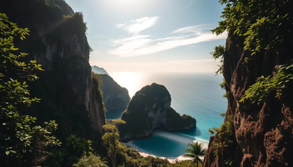 A lush, verdant jungle cascades down the towering limestone cliffs of Railay Beach, Thailand. At the top, the Railay Viewpoint offers a breathtaking panorama - the turquoise waters of the Andaman Sea sparkle in the warm, golden sunlight, framed by the pristine, sandy shores and dramatic rock formations below. Wispy clouds drift across the clear sky, casting gentle shadows on the hidden lagoon nestled between the cliffs. Capture this stunning natural wonder with a wide-angle lens, showcasing the dramatic scale and beauty of this tropical paradise.