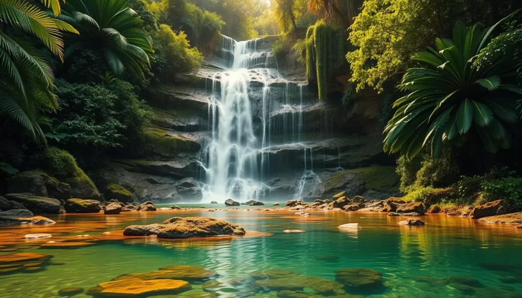 A lush, verdant jungle landscape with a majestic, multi-tiered waterfall cascading down a series of rocky cliffs. The water flows gently over the mossy rocks, creating a calming, serene atmosphere. Sunlight filters through the canopy of tropical foliage, casting a warm, golden glow over the scene. In the foreground, a natural pool of crystal-clear water reflects the waterfall and the surrounding vegetation. The overall mood is one of tranquility and refreshment, inviting the viewer to immerse themselves in the beauty of this natural wonder.