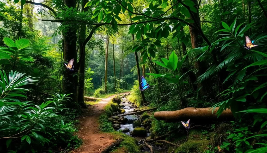 A lush, verdant jungle scene in Deramakot Forest Reserve, Malaysia. Towering trees with thick foliage canopy the path, dappled sunlight filtering through. In the foreground, a winding trail leads through dense undergrowth and fallen logs, inviting hikers to explore. In the middle ground, a small stream gurgles over mossy rocks. Exotic birds and butterflies flutter amongst the vibrant green leaves. The air is rich with the scent of damp earth and tropical flora. A serene, tranquil atmosphere pervades, conveying the peace and natural beauty of this unspoiled wilderness.