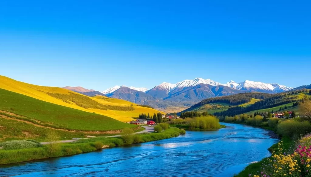 A lush, verdant landscape along the banks of a gently flowing river under a clear azure sky. Rolling hills dotted with vibrant wildflowers frame the scene, their petals swaying in the soft spring breeze. Towering snow-capped mountains rise in the distance, their peaks reflecting the warm golden light of the sun. In the foreground, a picturesque village nestled among trees, its colorful houses and winding streets inviting exploration. The scene is infused with a sense of tranquility and the promise of nature's renewal, capturing the essence of springtime in Kazakhstan.