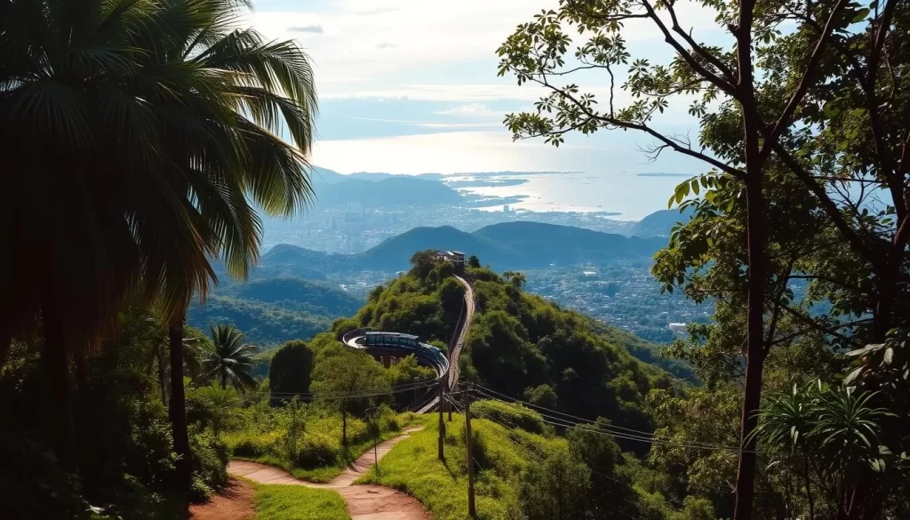 A lush, verdant landscape atop Penang Hill, with panoramic views of the island's rolling hills and the shimmering Strait of Malacca in the distance. The foreground features a winding hiking trail, flanked by towering palm trees and vibrant tropical foliage. Warm, golden sunlight filters through the canopy, casting a soft, inviting glow over the scene. In the middle ground, a historic funicular railway winds its way up the hillside, carrying visitors to the summit. The background showcases the iconic skyline of George Town, Penang's UNESCO-listed heritage city, nestled between the hills and the sea. The overall atmosphere is one of tranquility, natural beauty, and a sense of adventure, perfectly capturing the essence of getting around Penang Island.