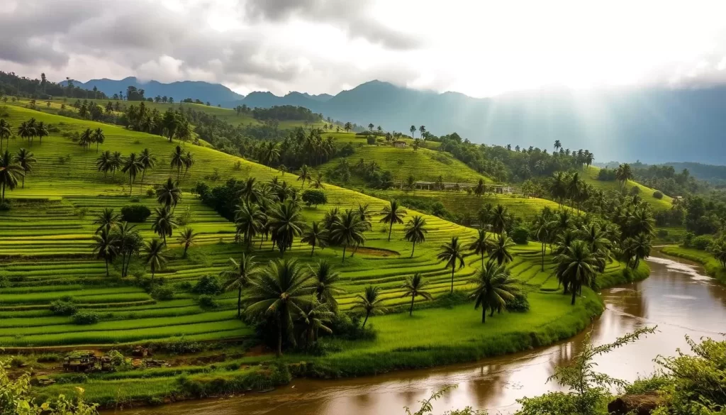 A lush, verdant landscape bathed in the warm glow of a summer monsoon sun. Rolling hills dotted with vibrant green rice paddies, interspersed with clusters of swaying palm trees. In the foreground, a tranquil river meanders through the scene, its surface reflecting the dramatic clouds above. The air is thick with the earthy scent of rain-soaked soil and the chatter of birds taking shelter from the downpour. Jagged, distant mountains loom on the horizon, their peaks partially obscured by the shifting curtain of rain. The overall mood is one of serene, natural beauty, perfectly capturing the essence of Andhra Pradesh during the monsoon season.
